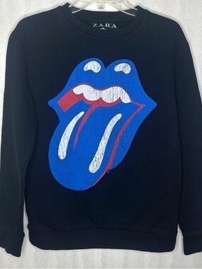 ZARA + The Rolling Stones Black Graphic Pullover Sweatshirt Blue Red Tongue L
